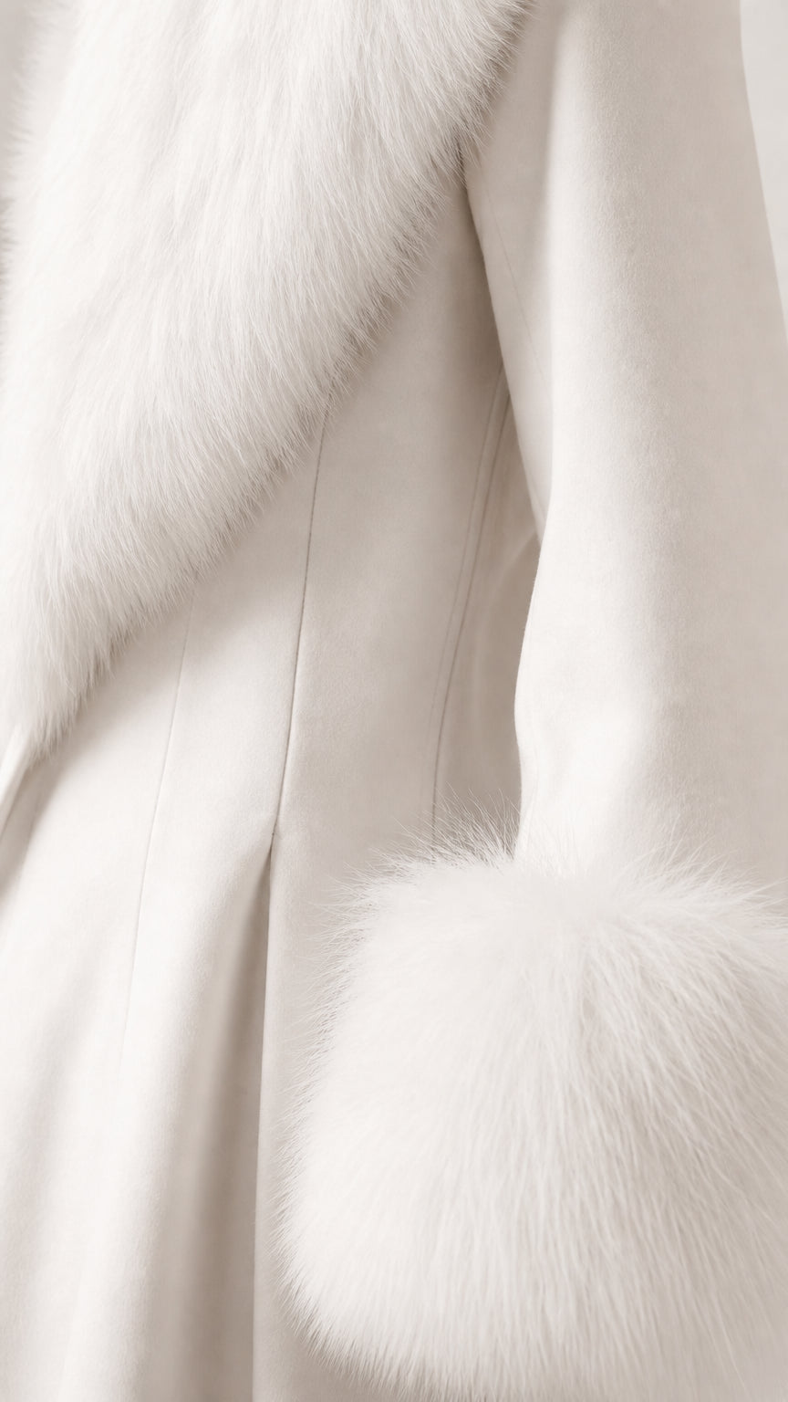 Close up of white coat fabric and plush white faux fur collar and sleeve trim