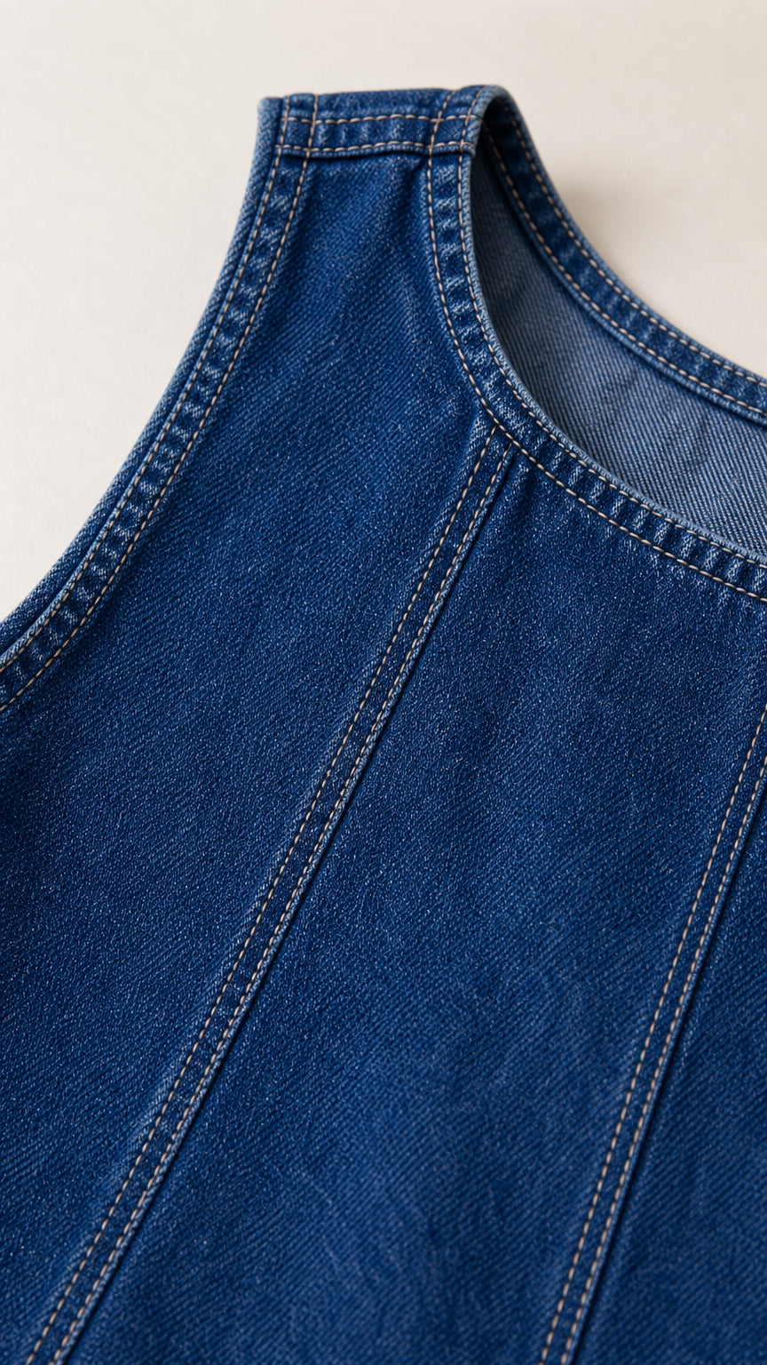 Close-up detail of neckline and panel seaming on blue denim dress