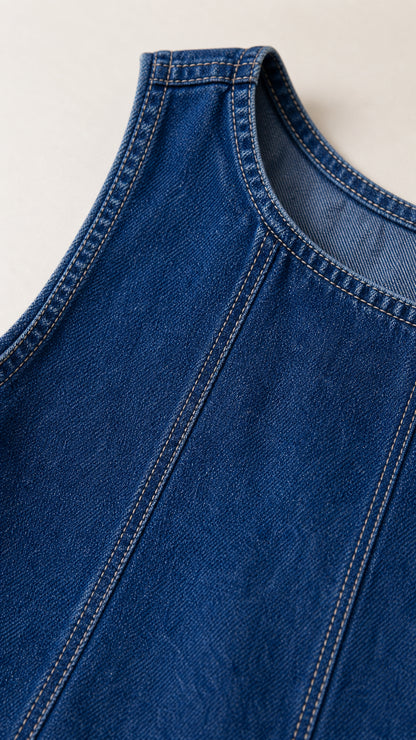 Close-up detail of neckline and panel seaming on blue denim dress