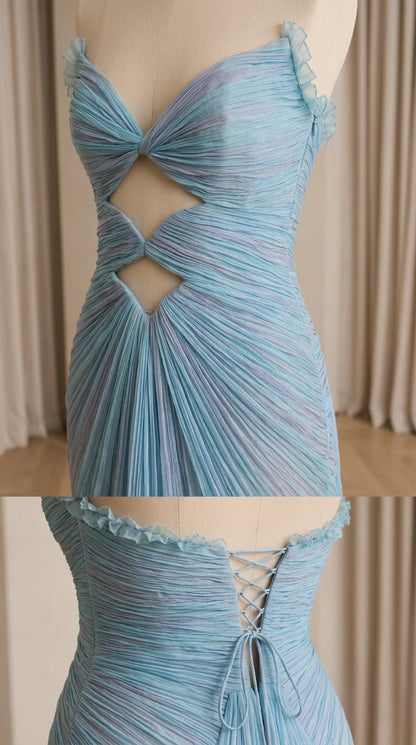 Close-up details of bodice cutouts and back lacing