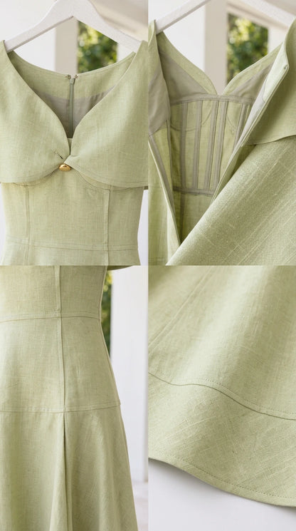 Detailed close-up of bodice construction, seams, and textured fabric