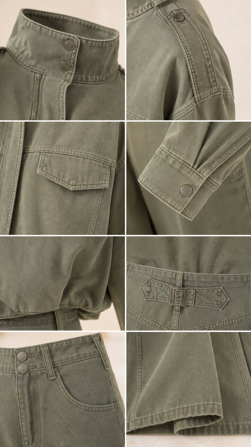 Detailed close-up collage of collar, pockets, snap cuffs, and waistband stitching