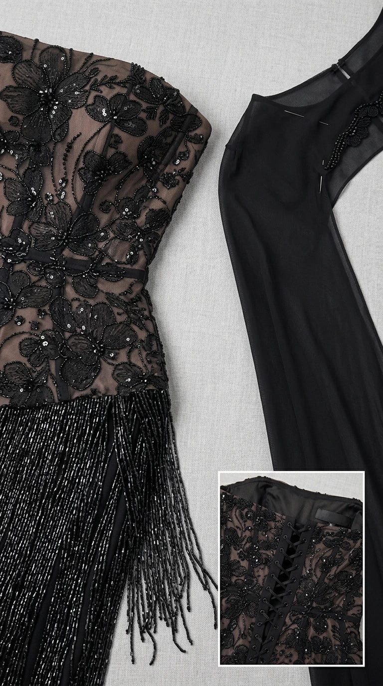 Close-up details of floral beading, skirt fringe, and corset back construction