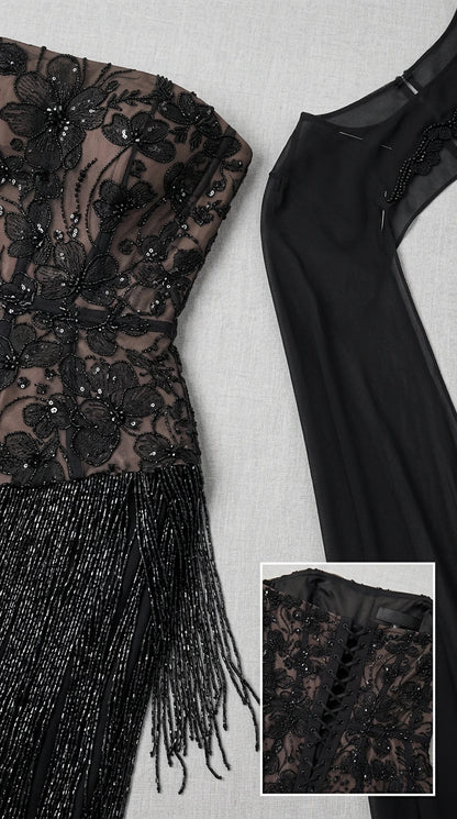 Close-up details of floral beading, skirt fringe, and corset back construction