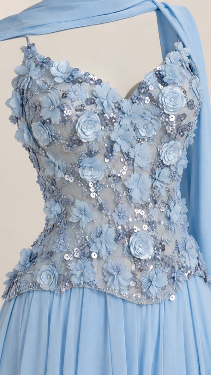 Close-up detail of Sky Blue bodice with 3D floral appliqués, beading, and sequins