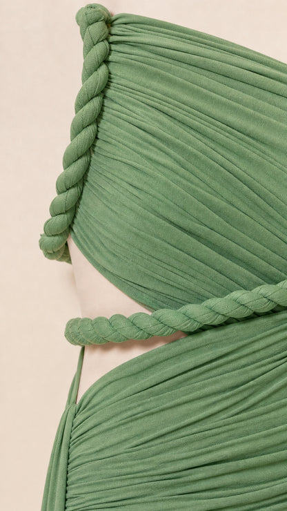 Close-up detail of Sage Green pleated jersey fabric and braided cord trim