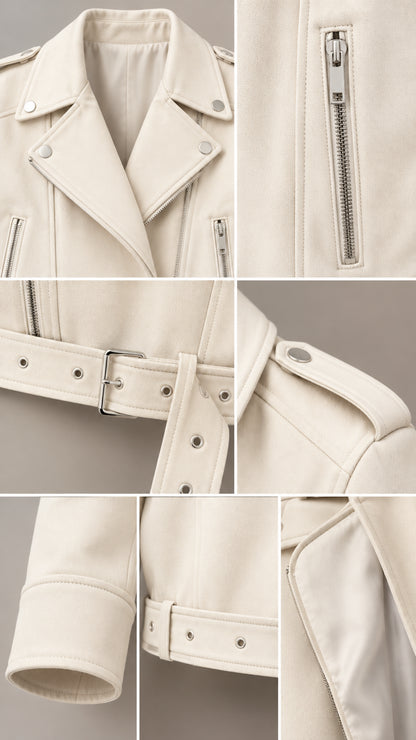 Detailed close-up shots of lapels, metal zipper pockets, cuffs, and belt buckle on cream moto jacket