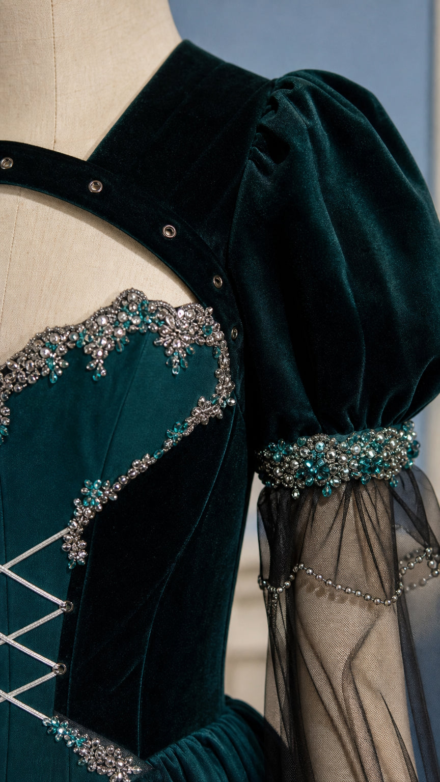 Close-up detail of rhinestone sweetheart neckline, puffed sleeves, and beadwork
