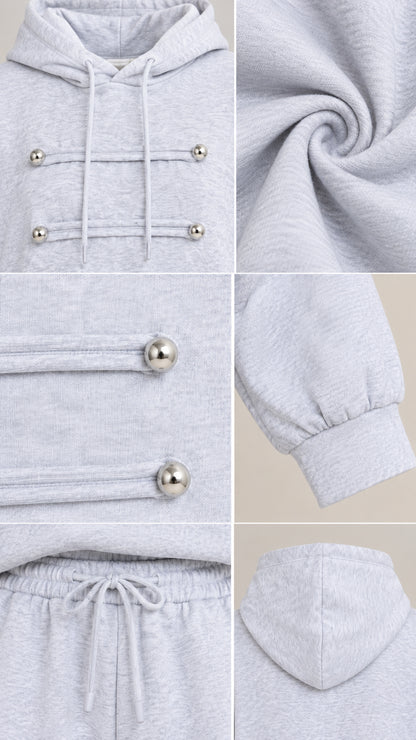 Detailed close-up collage of hoodie drawstrings, decorative bead bars, fabric texture, and cuffs
