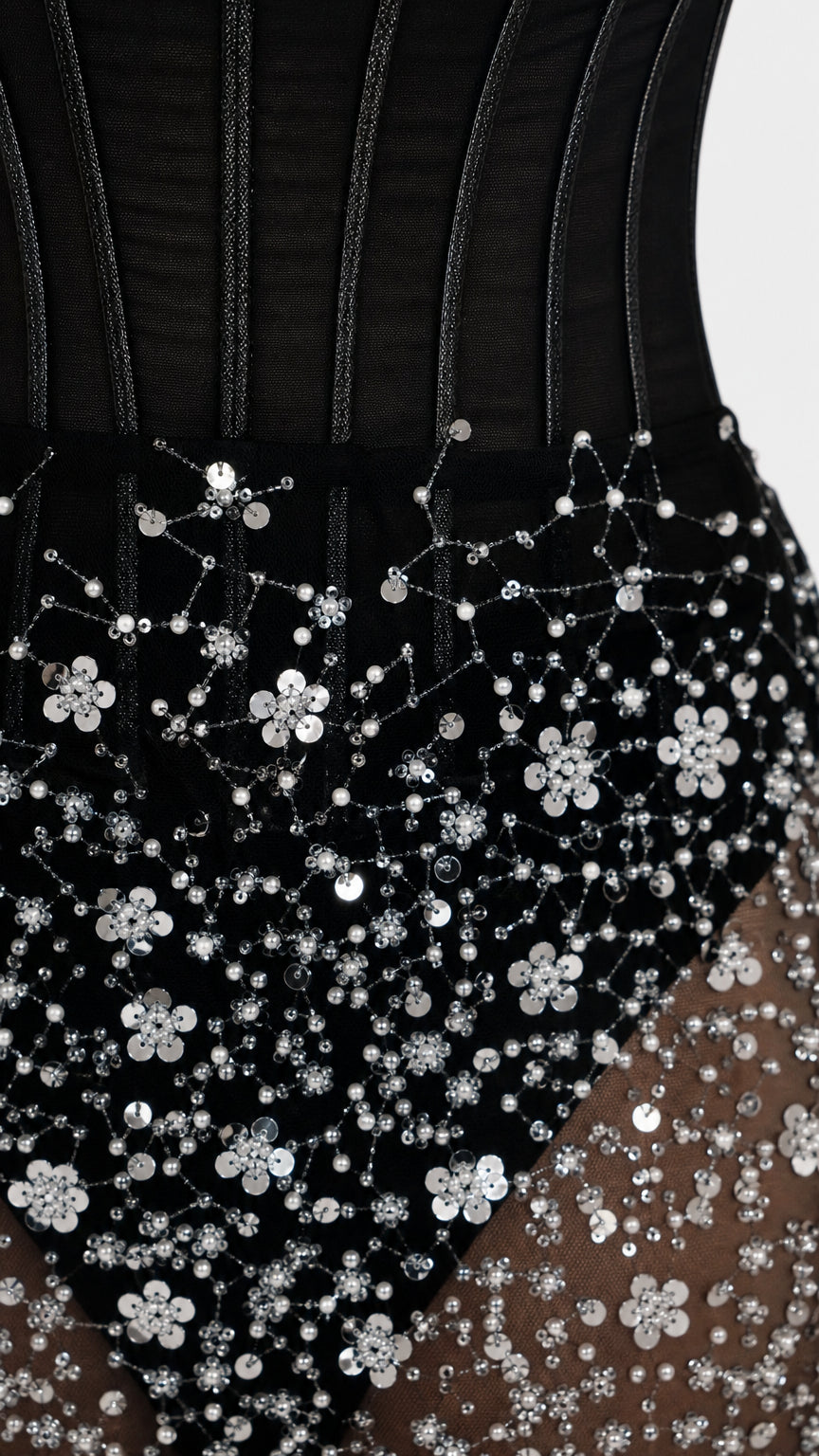 Close-up detail of corset bodice and sequin embroidery on sheer black dress