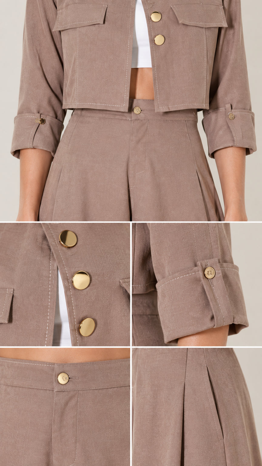 Close-up details of metallic buttons, flap pocket, cuff tabs, and waistband