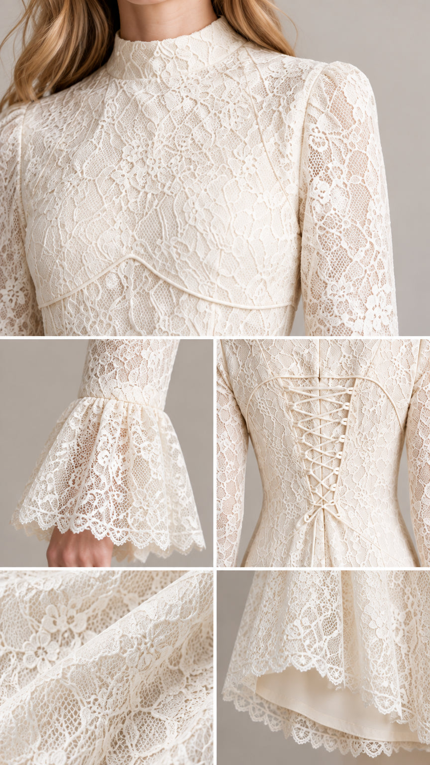 Close-up details of high neckline, bell cuff hem, lace-up back, and delicate lace fabric