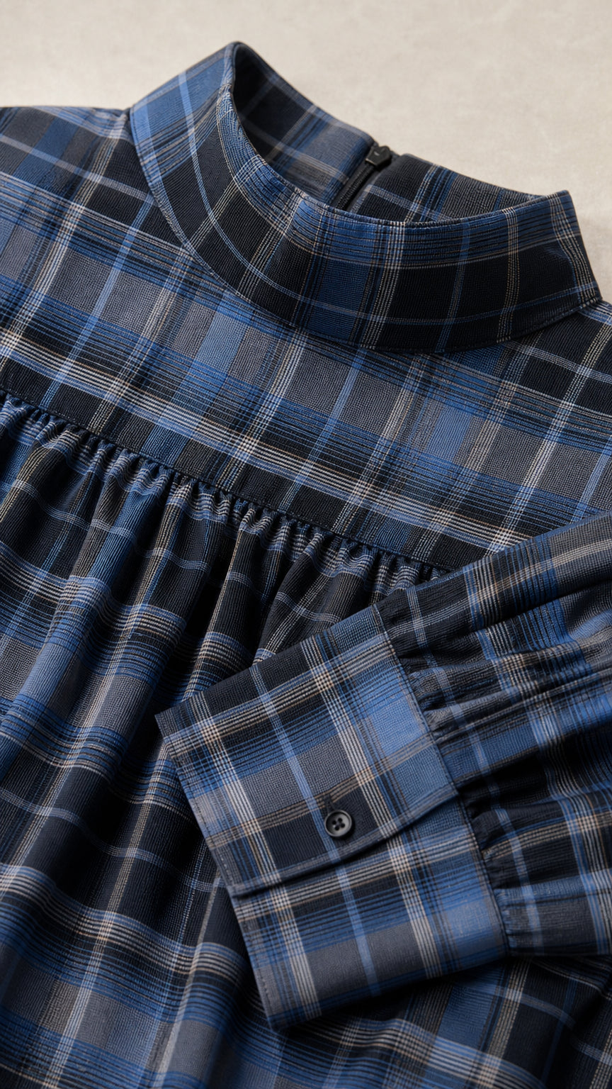 Close-up detail of mock neck collar, front gathers, and button cuffs in blue plaid