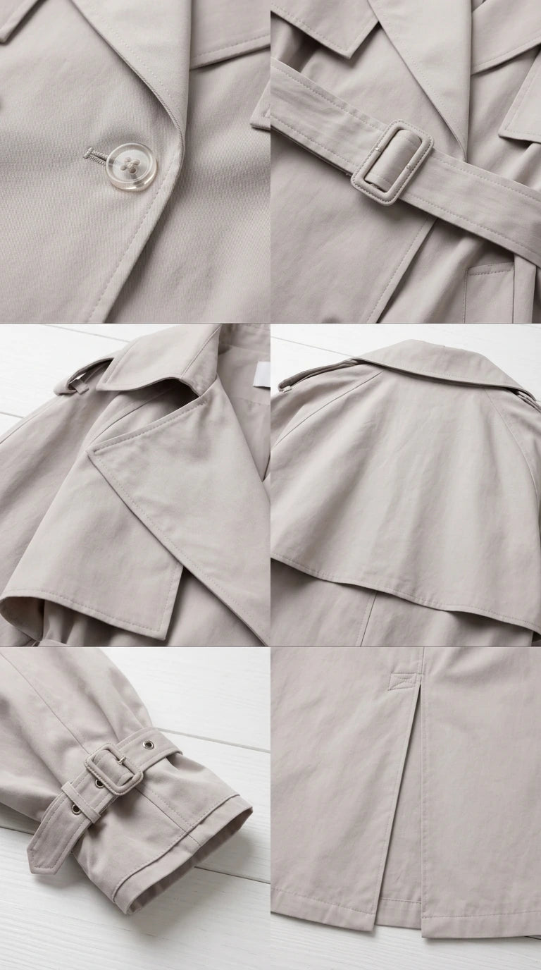 Detailed close-ups of buttons, waist belt buckle, oversized lapels, and cuff straps on Light Grey trench coat