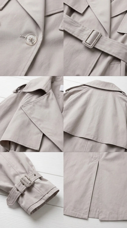 Detailed close-ups of buttons, waist belt buckle, oversized lapels, and cuff straps on Light Grey trench coat