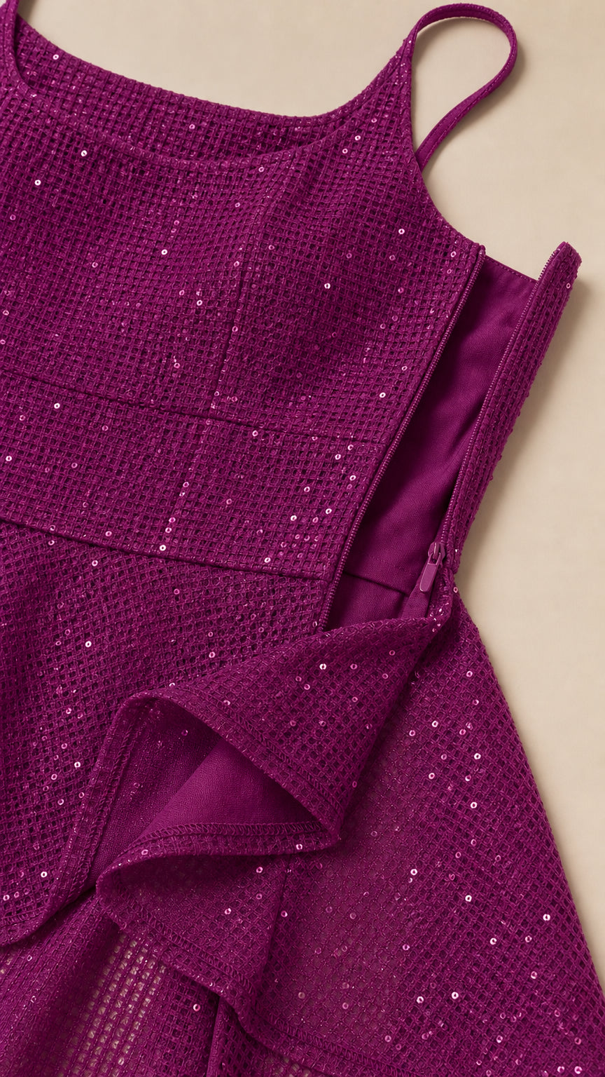 Close up of side zipper and textured fabric detail on purple dress