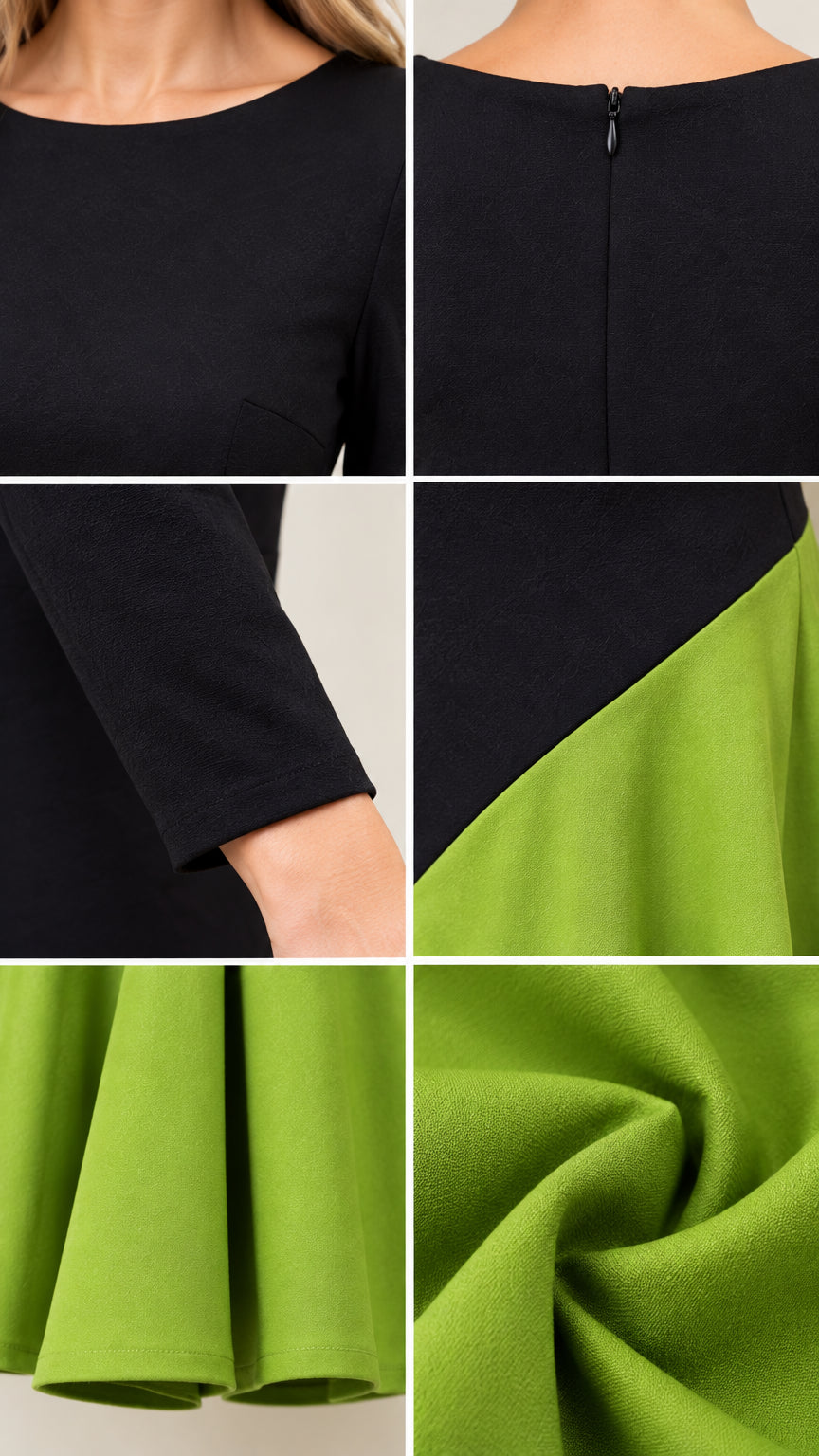 Close-up details of neckline, back zipper, sleeve cuff, asymmetrical seam, and fabric texture