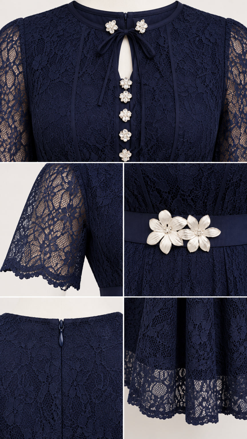 Close-up details of navy blue lace bodice, scalloped sleeve, floral belt, and zipper