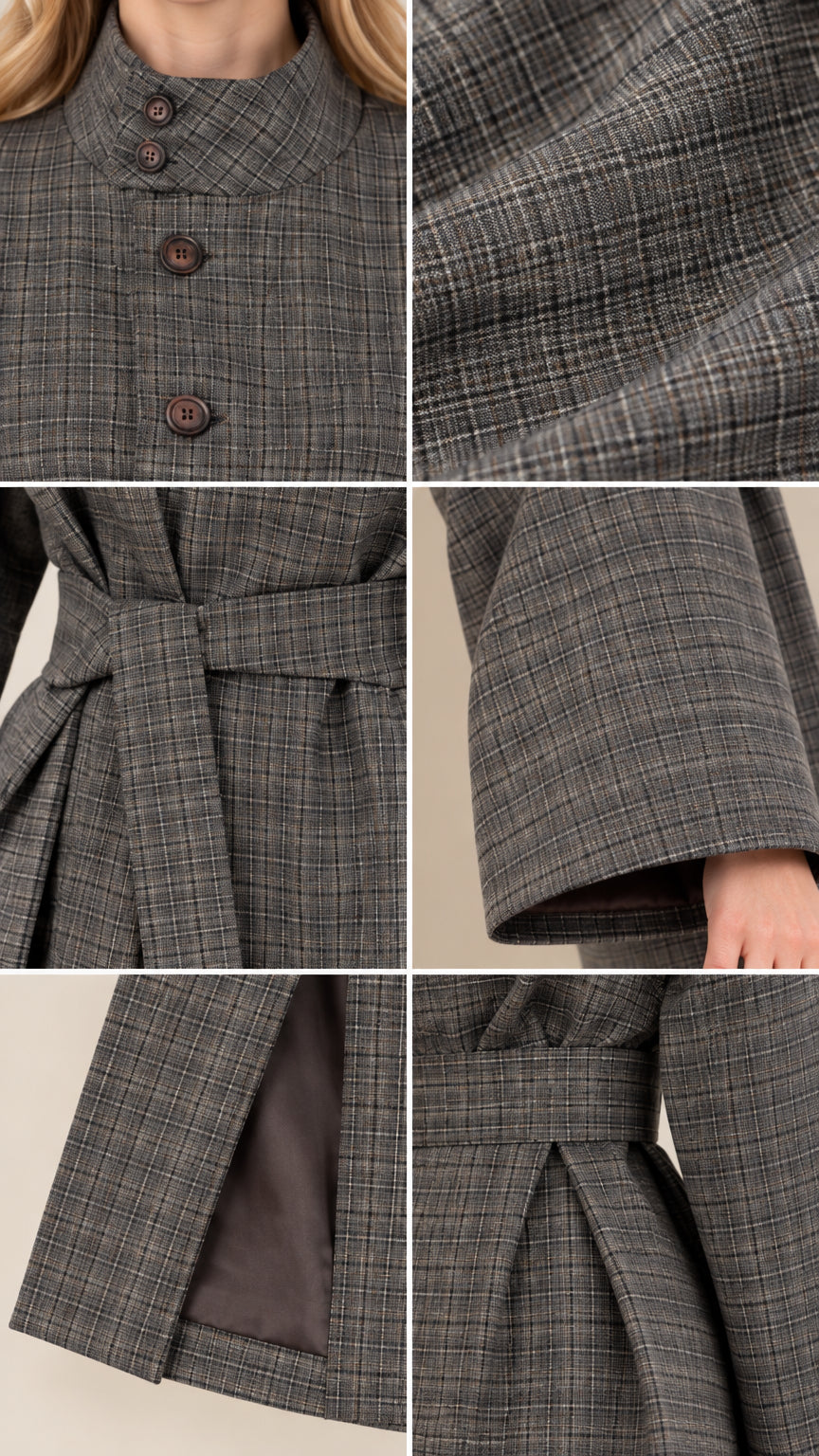 Close-up details of buttons, plaid fabric texture, belted waist, sleeve, and interior lining