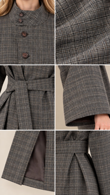 Close-up details of buttons, plaid fabric texture, belted waist, sleeve, and interior lining