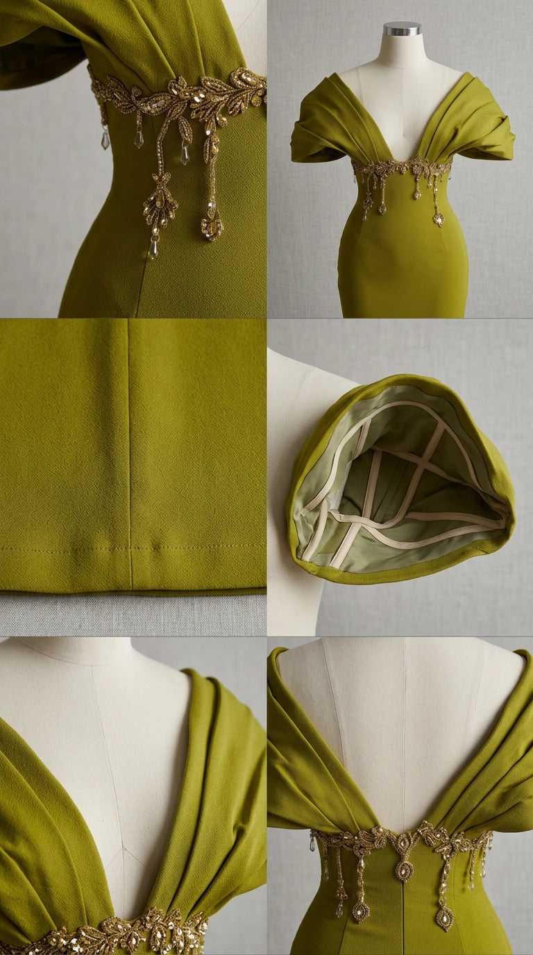 Close-up details of beaded waist applique, pleated neckline, interior boning, and finished hem