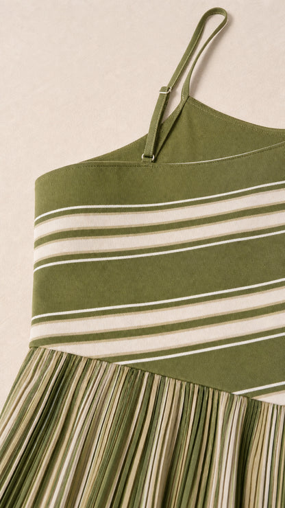 Close-up detail of olive green striped knit dress straps and bodice