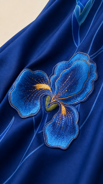 Close-up of textured blue iris floral embroidery on fabric