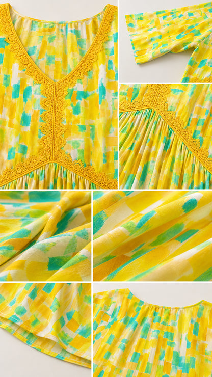 Close-up detail collage showing lace V-neck trim, fabric drape, and sleeve finish