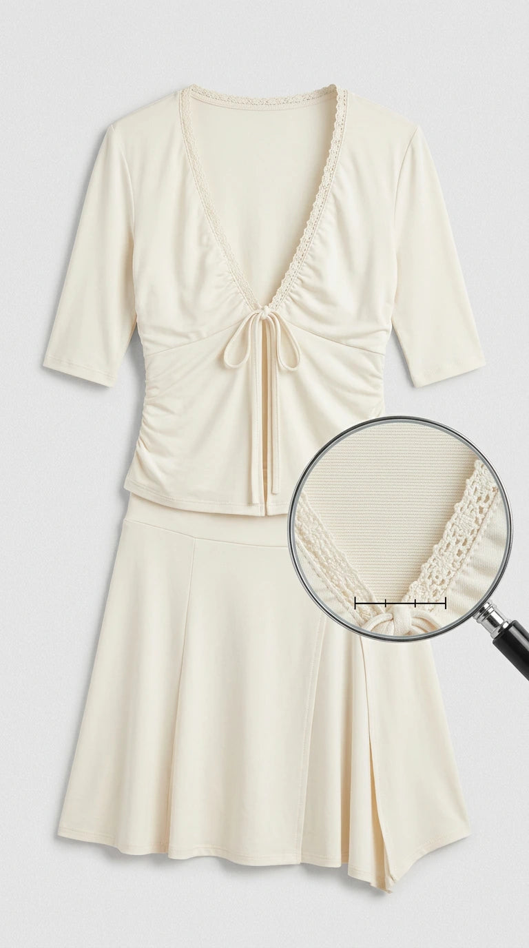 Flat lay of cream two-piece set showing lace trim neckline detail close-up