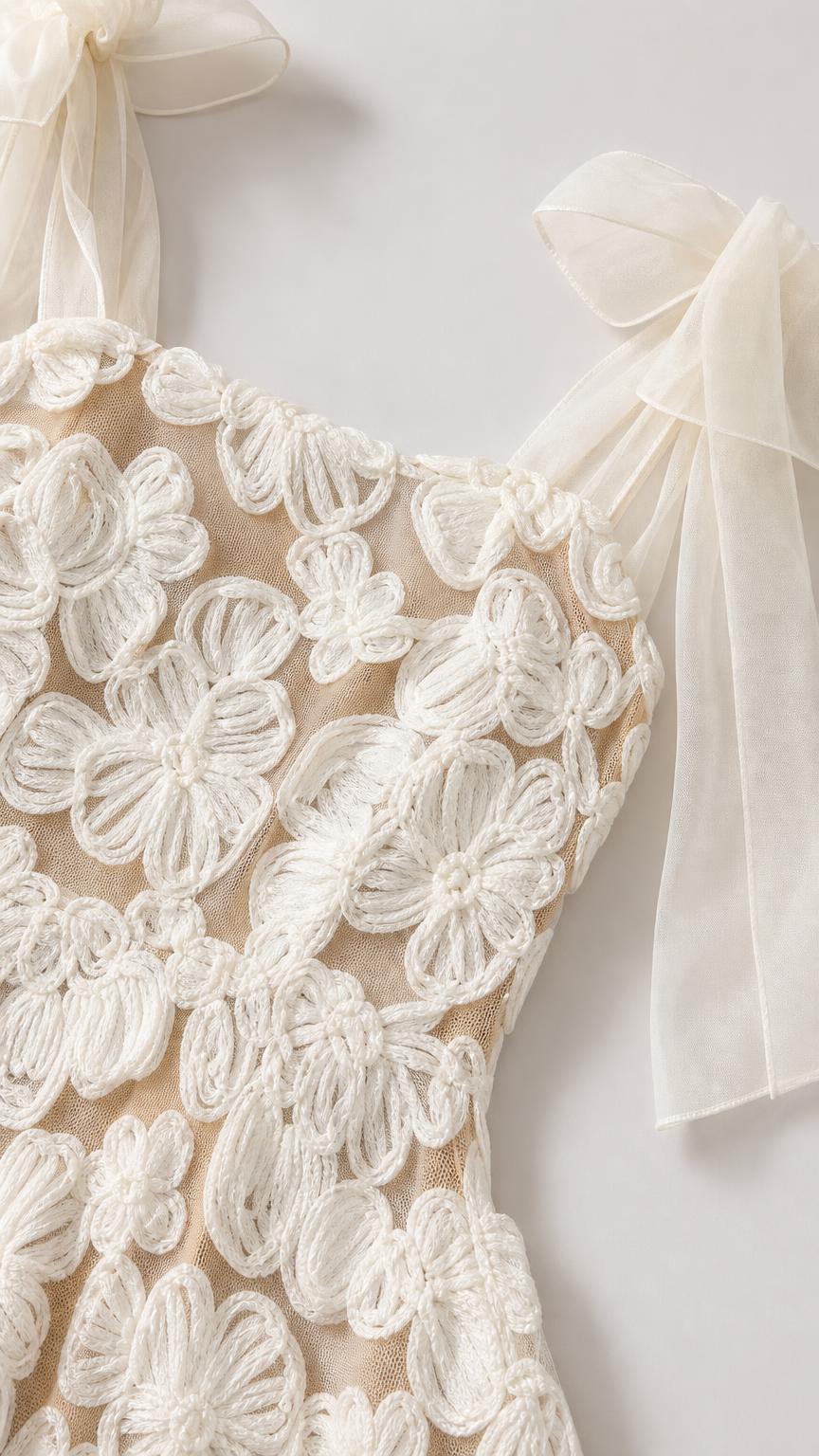 Close-up detail of floral embroidery and shoulder bow