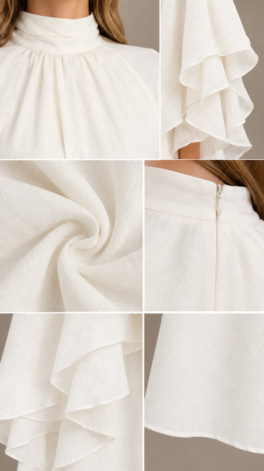 Close-up details of pleated high neckline, ruffled cape sleeve layers, fabric texture, and hidden zipper