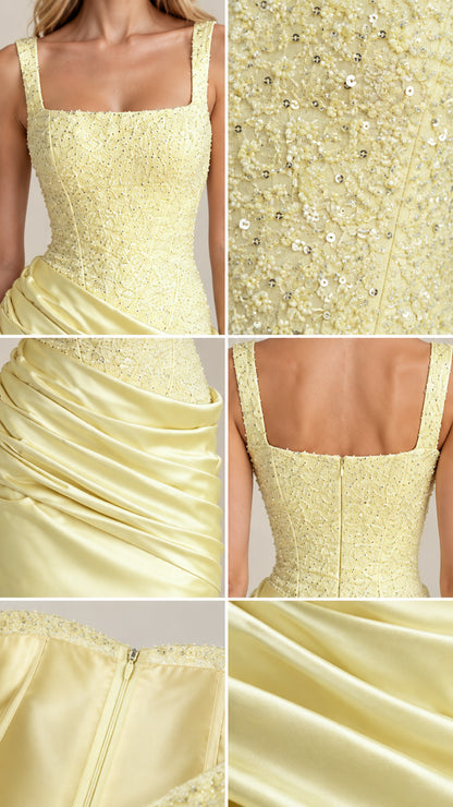 Close-up details of sequined bodice, square neckline, and draped satin fabric