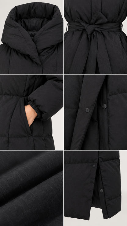 Close-up details of black puffer coat showing hood, tie belt, pocket, and side snap vent