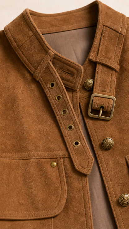 Close-up detail of faux suede jacket collar with adjustable buckle strap and metal buttons
