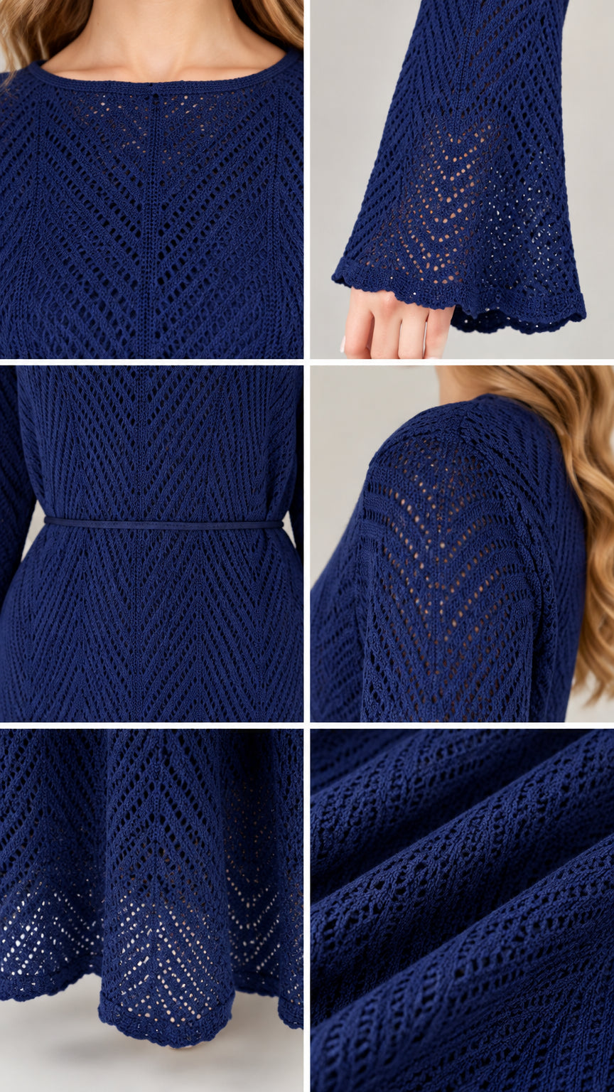 Close-up details of Navy Blue pointelle chevron knit fabric and flared sleeve
