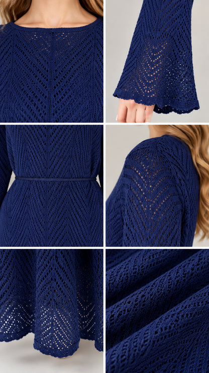 Close-up details of Navy Blue pointelle chevron knit fabric and flared sleeve