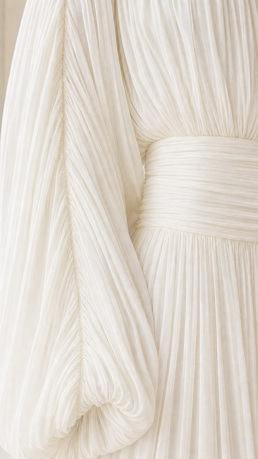 Close-up detail of pleated chiffon fabric and gathered waistband