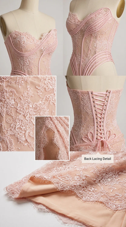 Close-up details of corset boning, floral lace texture, and back lace-up closure