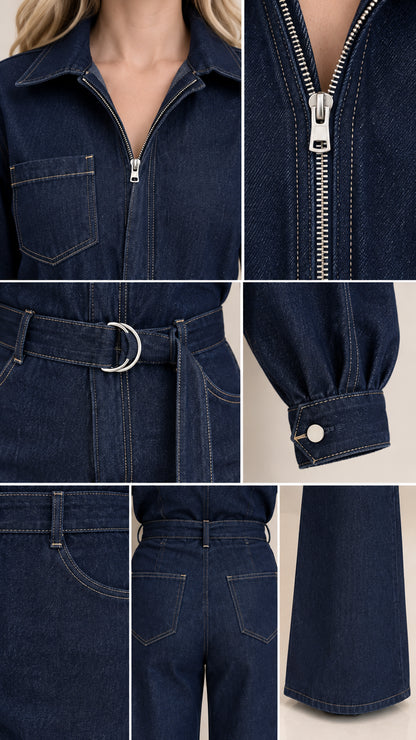 Close-up detail collage of collar zip, D-ring belt, button cuff, and pockets