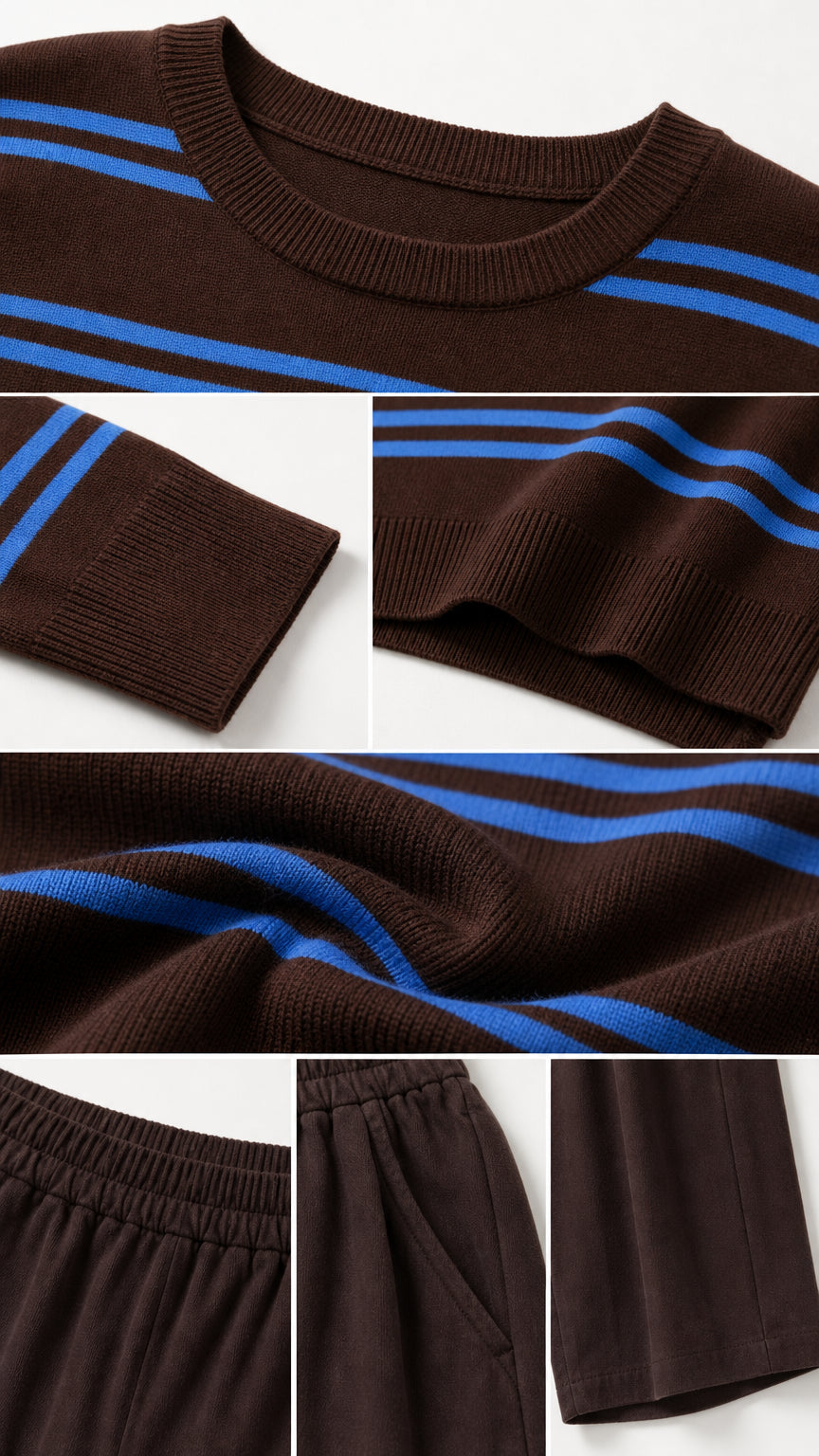 Close-up details of ribbed neckline, cuffs, hem, knit texture, elastic waistband, and pocket