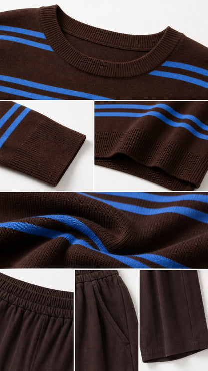 Close-up details of ribbed neckline, cuffs, hem, knit texture, elastic waistband, and pocket