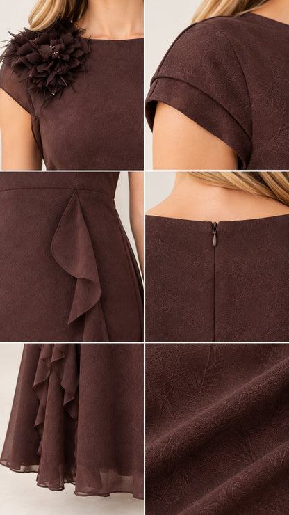 Close-up details of shoulder flower, folded cap sleeve, waist ruffles, zipper, and fabric