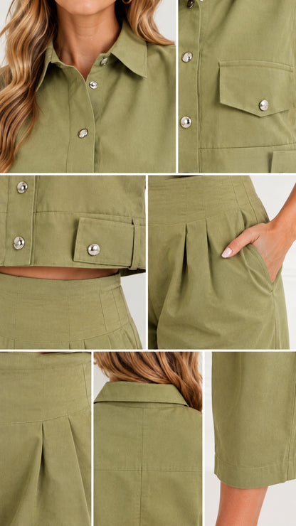 Close-up details of collar, snap buttons, flap pockets, and front pant pleats