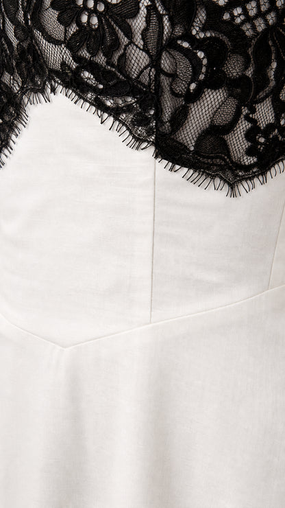 Close-up detail of intricate black eyelash lace and white fabric seamline