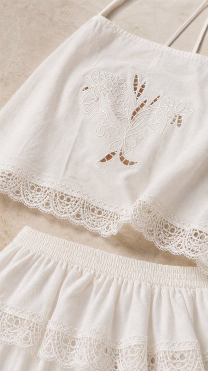 Close-up detail of floral cutout embroidery and scalloped lace hem on white set