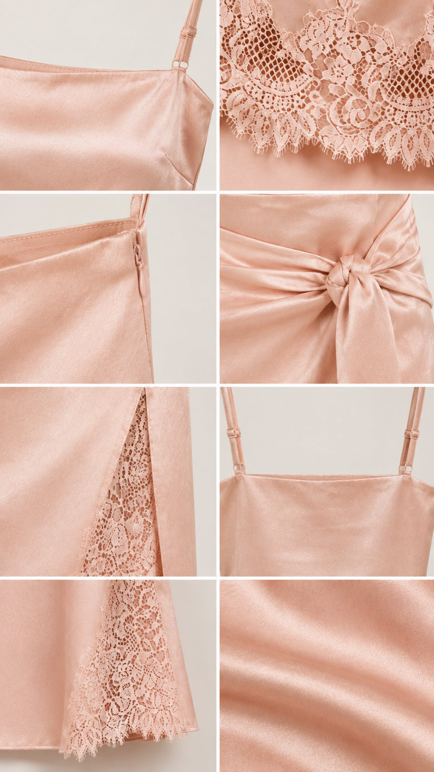 Close-up details of delicate eyelash lace trim, satin fabric, side zipper, and knot drape