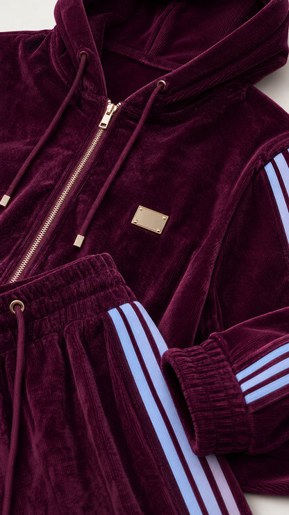 Close-up detail of burgundy velour fabric, zipper pull, drawstring hood, and blue side stripes