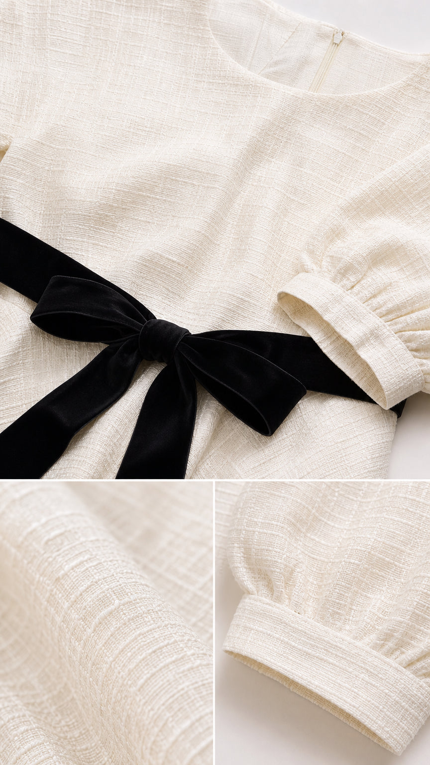 Close-up details of cream textured fabric, sleeve cuff, and black velvet tie
