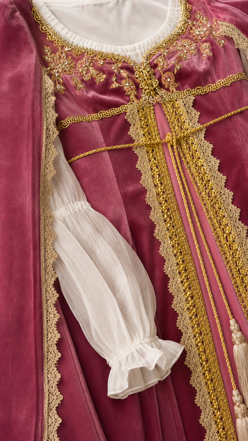Close-up detail of white ruffled cuffs and gold embroidered bodice