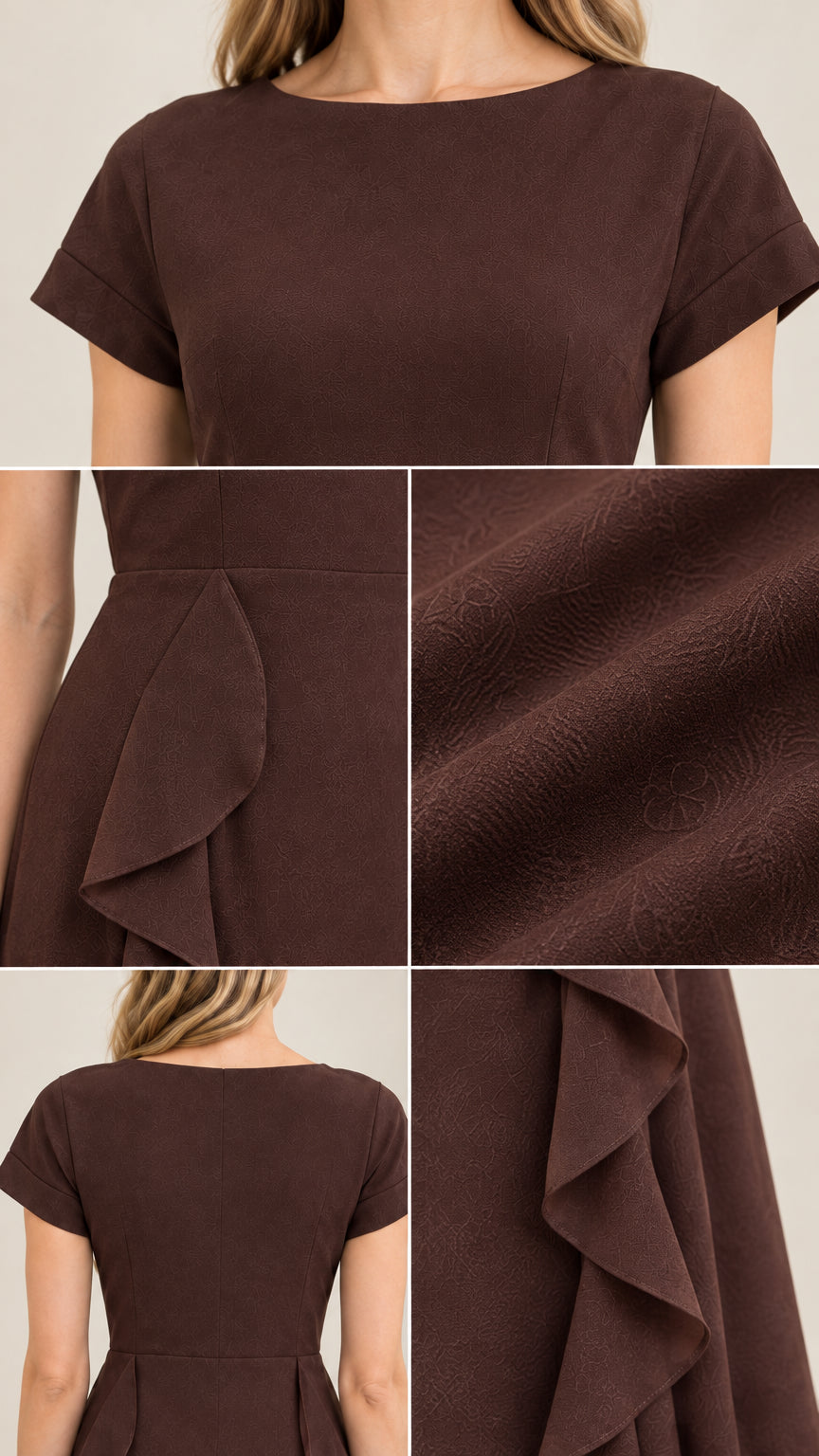 Close up collage of boat neckline sleeve cuff and fabric texture on brown gown